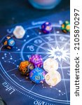 Small photo of Horoscope zodiac circle with divination dice. Fortune telling and astrology predictions concept, magic rituals and exoteric experience
