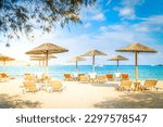 Romantic beach with sunbeds at greek island, Paros Greece