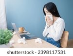 Small photo of Business woman have a cold blowing her runny nose with tissue. Portrait of Asian beautiful girl get sick sneezing from flu in her office. Healthcare medical overload burnout, sneeze illness concept.