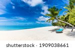 Small photo of Tropical beach background as summer relax landscape with beach swing or hammock and white sand and calm sea for beach template. Amazing beach scene vacation and summer holiday concept. Luxury travel