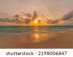 Closeup sea sand beach. Panoramic beach landscape. Inspire tropical beach seascape wave horizon. Orange and golden sunset sky calmness tranquil relaxing sunlight summer. Vacation travel holiday banner