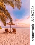 Small photo of Amazing beach. Chairs on the sandy beach sea. Luxury summer holiday and vacation resort hotel for tourism. Inspirational tropical landscape. Tranquil scenery, relax beach, beautiful landscape design