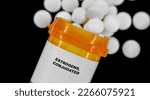 Small photo of Estrogens, Conjugated Rx medical pills in plactic Bottle with tablets. Pills spilling out from yellow container.