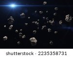 Small photo of Asteroid belt. Meteorites and Sun. High resolution space background. Science fiction art. Elements of this image furnished by NASA.