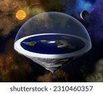 Small photo of Flat Earth in space with sun and moon. Flat planet Earth conspiracy theory. The flat Earth model is an archaic conception of Earth's shape as a plane or disk. Elements of this image furnished by NASA.