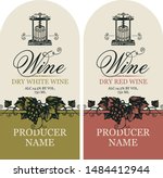 Vector set of two labels for wine with hand-drawn bunches of grape, wine press and calligraphic inscription in retro style