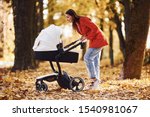 Mother in red coat have a walk with her kid in the pram in the park at autumn time.