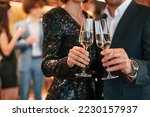 Close up view of champagne glasses. Group of people in beautiful elegant clothes are celebrating New Year indoors together.