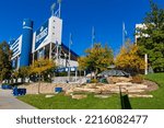 Small photo of Provo, UT - October 14, 2022: LaVell Edwards Stadium on the campus of Brigham Young University, BYU, in Provo, Utah, with Cougar Mascot in the foreground.