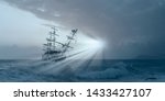 Sailing Old Ship In Storm Sea...