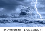 Sailing Old Ship In Storm Sea...