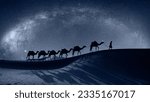 Small photo of Camel caravan in the desert with Milky Way galaxy - Sahara, Morrocco