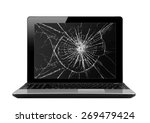 Black laptop with broken screen isolated on white background