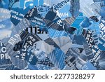 Small photo of Newspaper Magazine Collage Background Texture Torn Clippings Scrap Paper Blue White