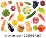 Big set falling vegetables and fruits isolated on white background.