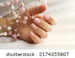 Light pink manicure on short nails with Gypsophila.