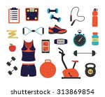 Fitness and sport tools and elements illustration. Vector flat design icons set with dumbbells sport shoes sportswear stopwatch scales