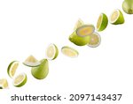 Small photo of Perfectly retouched pomelo. Whole halves and quarters lined up fly in space isolated on white. Top quality retouching.