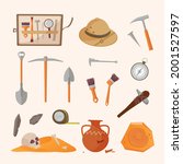 Archaeological tools and finds set. Brushes instruments for excavating historical treasures sun hat tape measure for measuring territory ancient amphora and tools primitive people. Vector artifacts.
