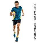 Small photo of one caucasian handsome mature man running runner jogging jogger isolated on white background