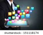 Touch screen tablet with cloud of colorful application icons