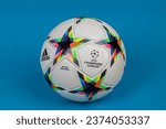 Small photo of Varna, Bulgaria - December 6, 2022: Adidas UCL Pro Void, on blue background. The official match ball of Champions League 2022 - 2023