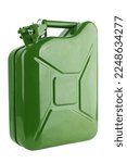 Small photo of Green metal canister for gasoline on a white background.