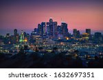 Los Angeles downtown silhouette at sunset. LAX most famous city of california. Typical view of the Los Angeles.