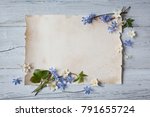 Spring flowers are anemones and snowdrops and paper for text on a wooden background.