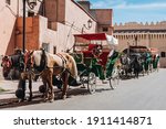 Empty Horse-Drawn Carriages in Line, Marrakesh, Morocco.