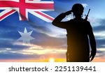 Silhouette of Soldier with Australian flag on background of sunset. Concept - Armed Force. EPS10 vector