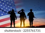 Silhouettes of army soldiers with USA flag. Greeting card for Veterans Day, Memorial Day, Independence Day. Armed Force concept. EPS10 vector