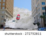 Tsunami tidal wave washing through a city street pushing cars out of the way and speeding towards a pedestrian