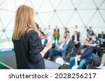 Small photo of Startup girl leader speaks at pitch session, rear view