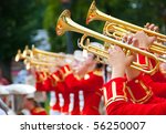 Girl brass band in red uniform...
