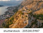 Sunset view at the top of St John (San Giovanni) Fortress and Castle, Old Town, Kotor, Bay of Kotor, Montenegro.