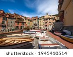 Marina of the ancient and small village of Tellaro with moored boats. Tourist resort on the coastline of the Gulf of La Spezia or Gulf of Poets, Lerici municipality, Liguria, Italy, Southern Europe.