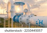 Small photo of Hydrogen pipeline with manometer and wind turbines power plants in the background at sunset. Hydrogen Zero Emission energy storage concept image