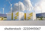 Small photo of modern battery energy storage system with wind turbines and solar panel power plants in background. New energy concept image
