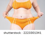 Full body liposuction, legs, hips, abdomen and breast augmentation, fat and cellulite removal concept, overweight female body with painted surgical lines and arrows on gray background