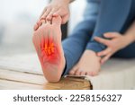 Joint diseases, hallux valgus, plantar fasciitis, heel spur, woman's leg hurts, pain in the foot, massage of female feet at home, health problems concept, BeH3althy