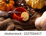 cup of tea and decorative pumpkins