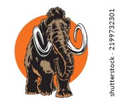 Mammoth walking and the sun on background. Mascot style ice age giant animal isolated vector illustration. Good for poster or t shirt design.