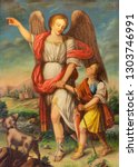 Small photo of PALMA DE MALLORCA, SPAIN - JANUARY 28, 2019: The painting of Archangel Raphael and Tobias in church Iglesia de Santa Eulalia by unknown artist.