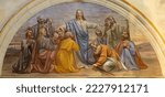 Small photo of ANNECY, FRANCE - JULY 11, 2022: The fresco of Apparition of resurrected Jesus to apostles in church Notre Dame de Lellis by J. Srellio (1948).