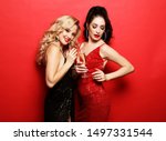 Two women in luxury glitter sequins dress and bright visage posing over red background