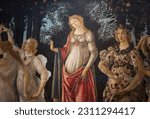 Small photo of Florence, Tuscany, Italy - May 24, 2023: Fragment of Primavera painting masterpiece - Venus Roman goddess and Flora by Sandro Botticelli Italian Renaissance painter in Uffizi Gallery in Florence Italy