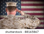 VETERAN SOLDIER | Marine in Desert Fatigues Saluting an American Flag