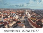 Small photo of Aerial art nouveau historical Oradea's stunning cityscape captured from above, showcasing its historic charm and stunning Art Nouveau architecture incity Oradea, Bihor, Romania