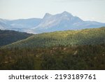 Nature of Norway, wooded landscape with high mountains in the background and green hills in the foreground.